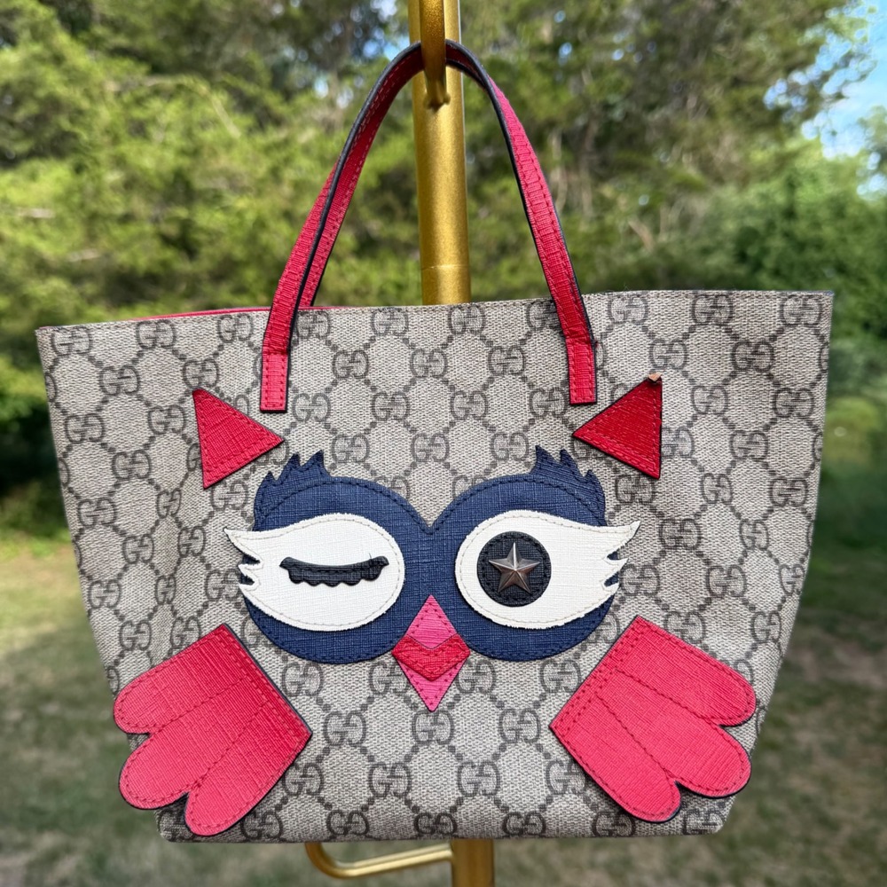 Gucci Owl Pattern Red Lining Lightweight Tote Handbag authentic COA Girlhood